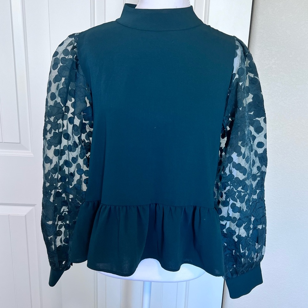 Zara green top organza puffy sleeves peplum bottom Sz Medium